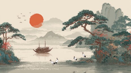 中国传统山水画中的日出湖景