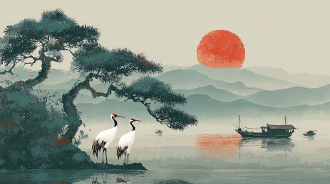 中国传统山水画中的日出湖景
