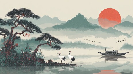 中国传统山水画中的日出湖景