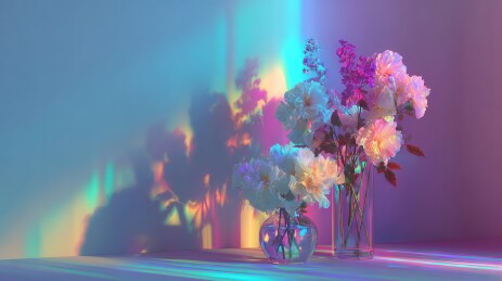彩虹光影下的两瓶鲜花
