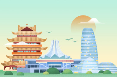 广西南宁地标建筑扁平肌理插画