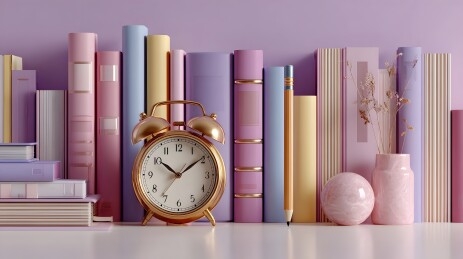 书架上的金色闹钟与文具