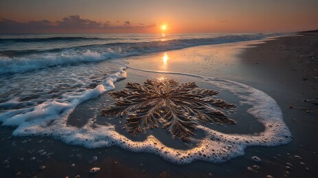 海滩日出与沙上花纹