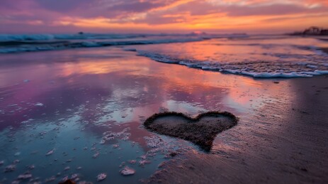 沙滩心形夕阳美景