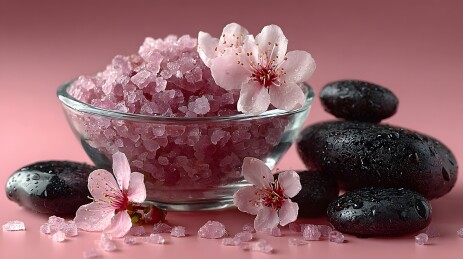 粉色盐粒与花瓣的静物