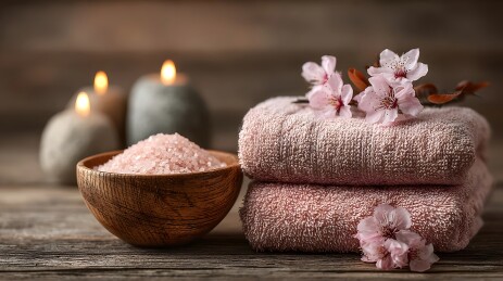 粉色浴巾与盐的 spa 休闲