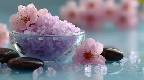 紫色浴盐与樱花的 spa 时光