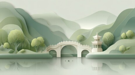 水墨风山水桥塔景观