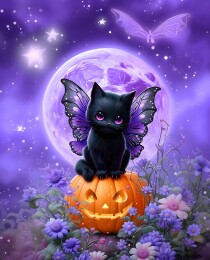 幻蝶黑猫与南瓜梦幻风格画面呈现