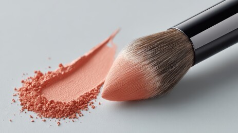 化妆刷与腮红粉末的特写