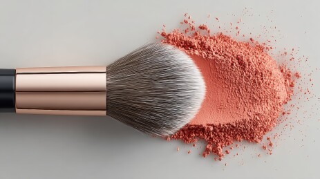 化妆刷与腮红粉末的特写