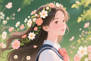 繁花环绕少女插画