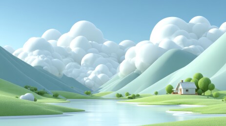 宁静山间河流与白云风景