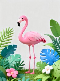 粉色火烈鸟伫立绿色植物之间