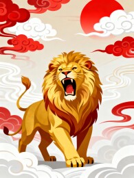 雄狮怒吼红色太阳祥云