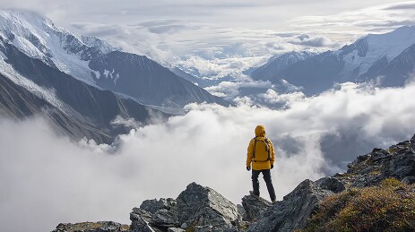 登山者站在山顶俯瞰云海