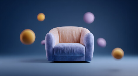 多彩座椅旁悬浮着彩色圆球