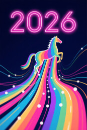 彩虹色线条绘制的马和2026