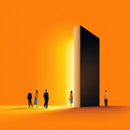 人们走向发光的门