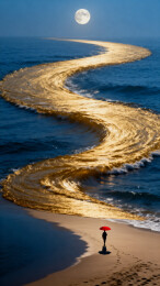 金色海浪与红伞漫步