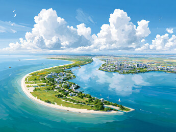 鸟瞰海边城市小礁岛夏日手绘水彩插画