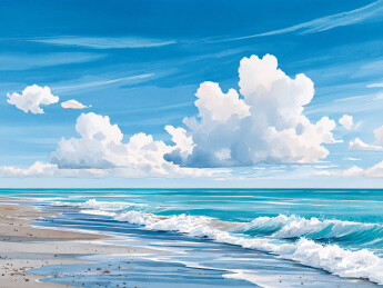 凉爽夏日浪花冲上沙滩海边水彩插画