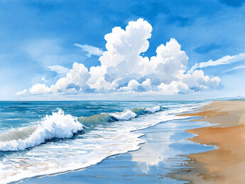 夏日蓝天云彩海边浪花拍打水彩插画