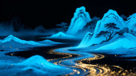 玄幻霓虹蓝色光影山水沙画