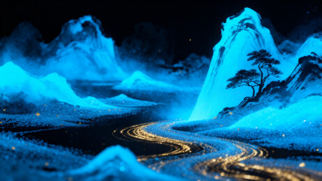 玄幻霓虹蓝色光影山水沙画