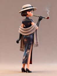 贵妇侧身手持烟斗姿态