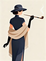 女士着装持烟斗侧身站立