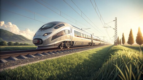 高速列车穿行于绿野蓝天