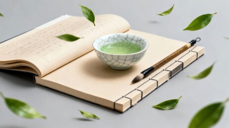 茶盏书卷雅致感茶道场景