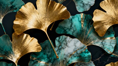 金色银杏叶与青绿大理石纹理装饰画