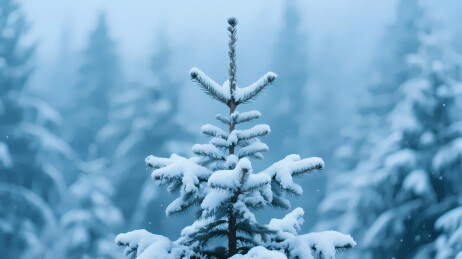 雪中松树的冬日景致