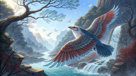 雄鹰展翅于山水间