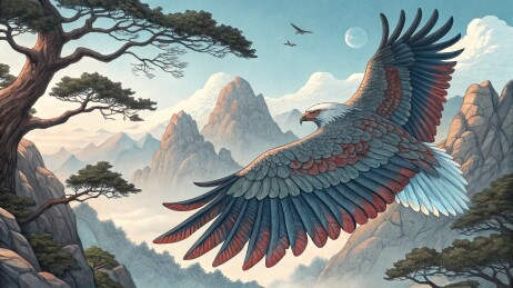 雄鹰展翅于山水间