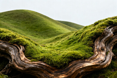 苔藓覆盖的枯木与绿色山丘