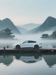 白车停泊于雾中湖畔