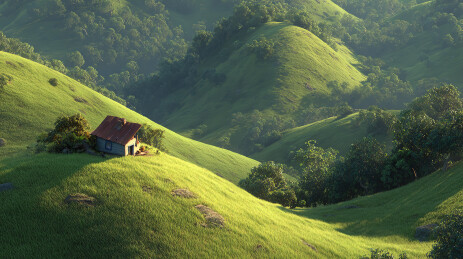 绿野山坡上的小屋