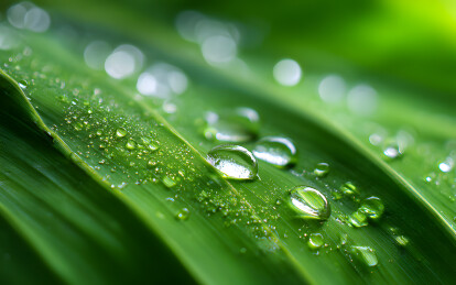 绿色树叶上洒落雨点