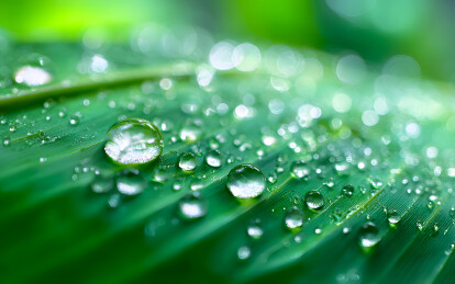 绿色树叶上洒落雨点