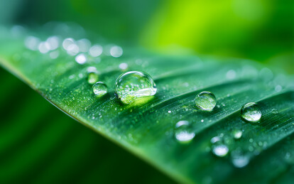 绿色树叶上洒落雨点