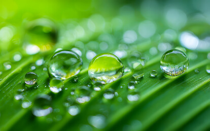 绿色树叶上洒落雨点