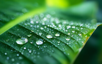 绿色树叶上洒落雨点