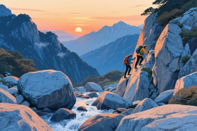 山间攀岩登山图