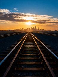 铁轨延伸向城市日出