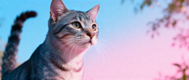 蓝粉天空下的猫咪