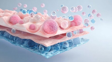 多层结构中粉色蓝色气泡的微观视觉展示