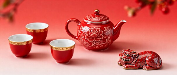 红色茶具与瑞兽摆件